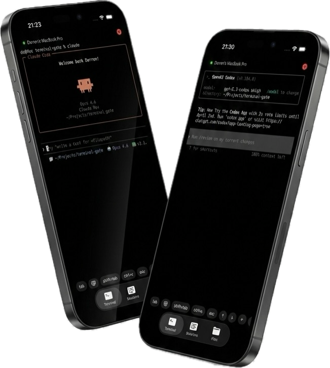 Two iPhones running Terminal Gate with Claude Code and Codex